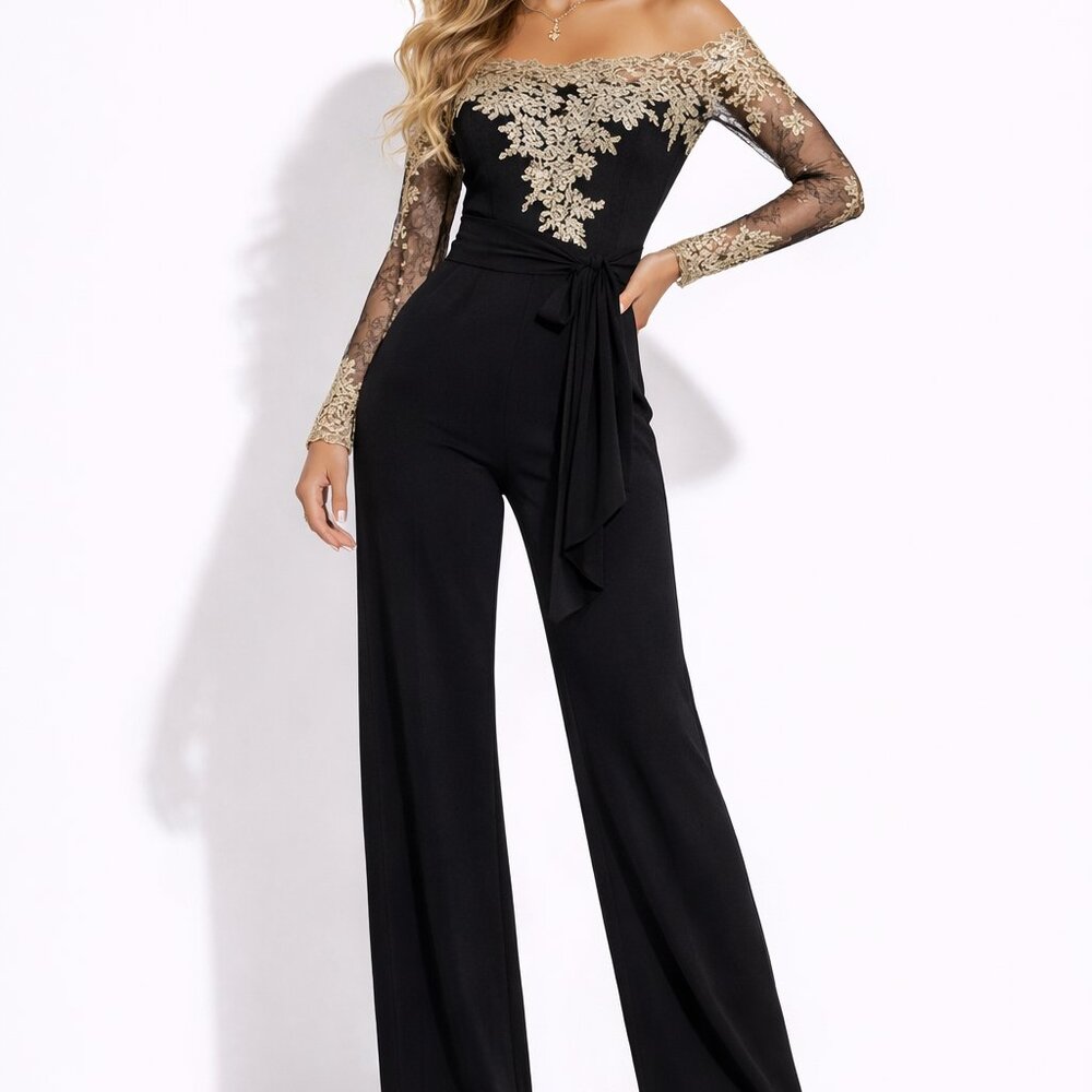 Black & Gold Embroidered Lace Formal Jumpsuit – Sheer Sleeves – NWT – Size Small